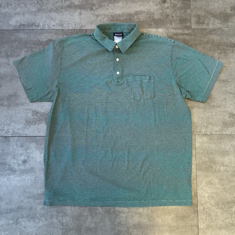Patagonia Men’s Green Striped Squeaky Clean Polo Organic Cotton Size XL - EUC